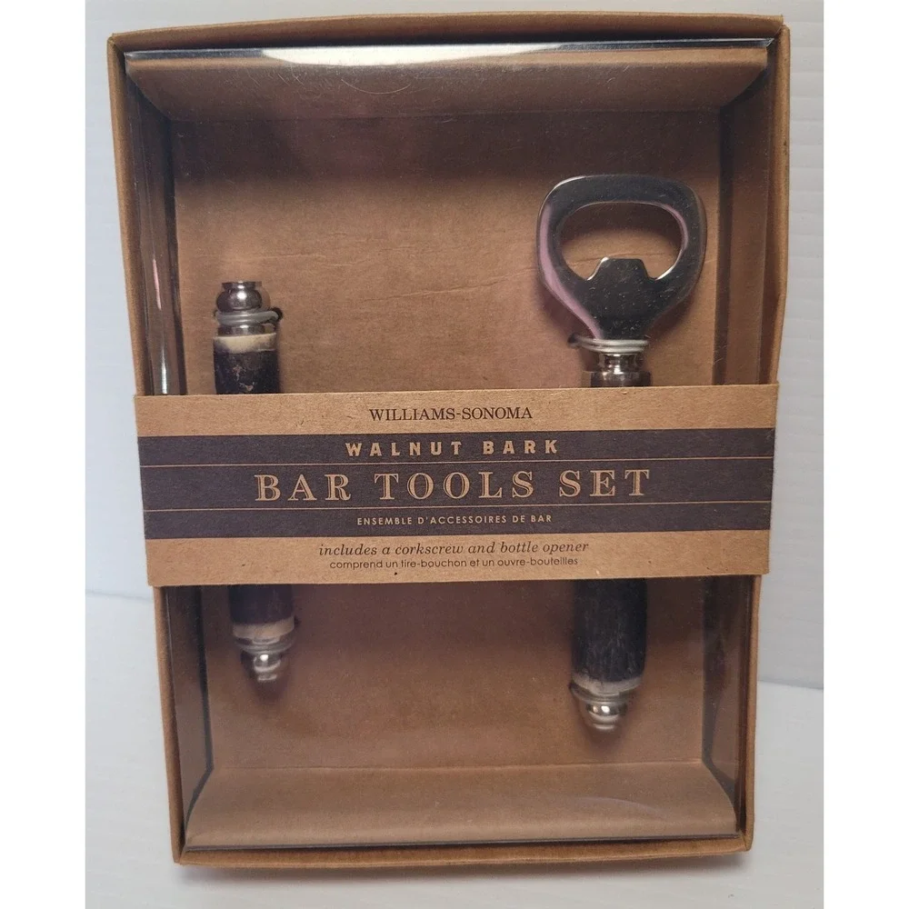 Williams Sonoma Walnut Bark Bar Tool‎ Bottle Opener & Corkscrew New Old Stock